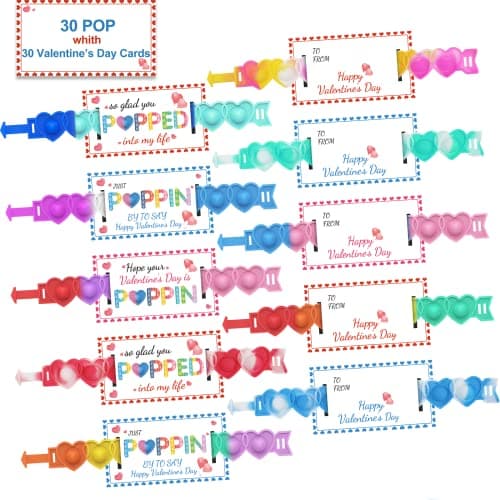 AYGXU 30pcs Valentines Day Gifts Valentines Day Cards for Classroom School Heart POP Bracelets Valentines Classroom Exchange Cards Kids Party Favors Valentines Goody Bag Filler