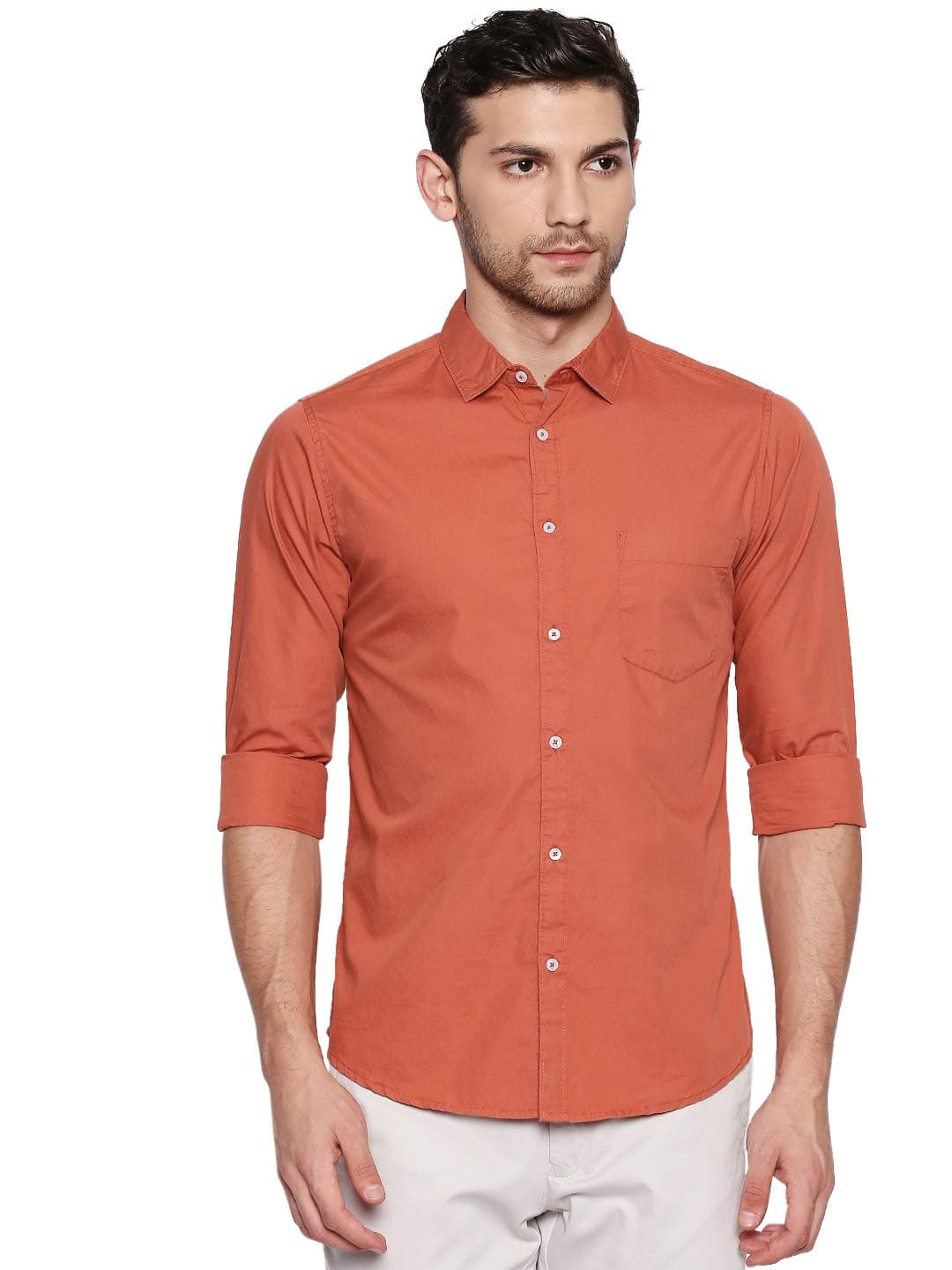 Dennis Lingo Men's Solid Dusty Orange Casual Shirt (C301_Dusty Orange_L)