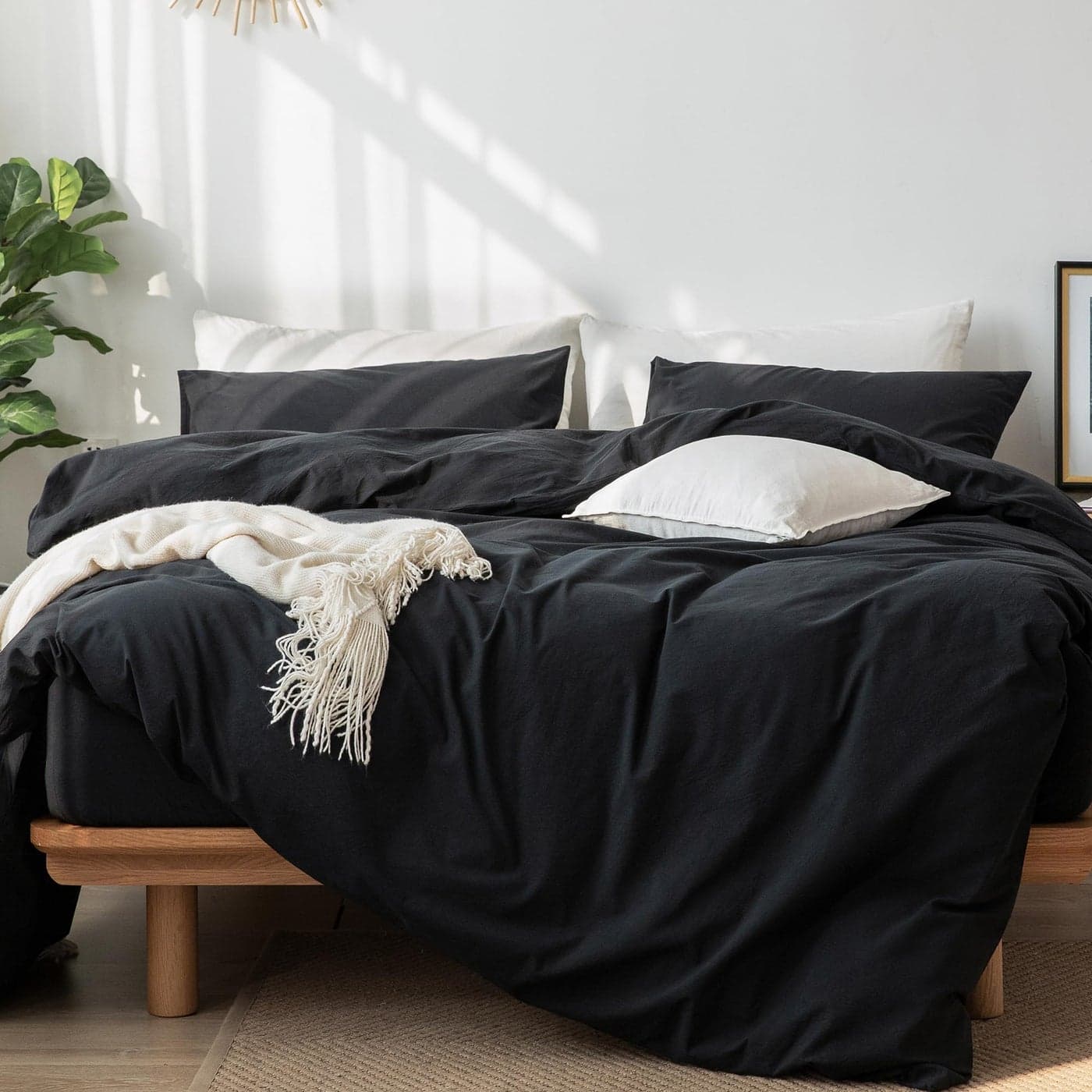 MooMee Bedding Duvet Cover Set 100 Washed Cotton Linen Like Textured Breathable Durable Soft Comfy Solid Black King 104x90