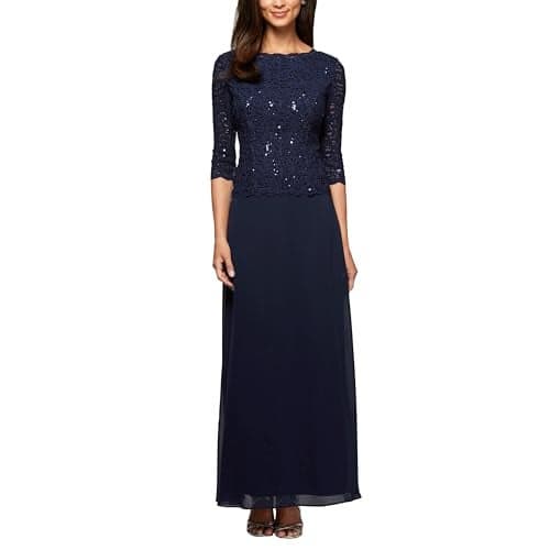 Alex Evenings Women's 3/4 Sleeve Stretch Lace Bodice One Piece Mother of The Bride Dress, Navy, 16P