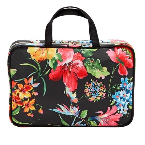 Conair Travel Toiletry Bag with Handles, Travel Makeup Bag, 2 Clear Zippered Compartments, 2 Flat-Zip Pockets, and Removable Clear Plastic Pencil Case, Easy to Clean, 1 Count, Black Floral