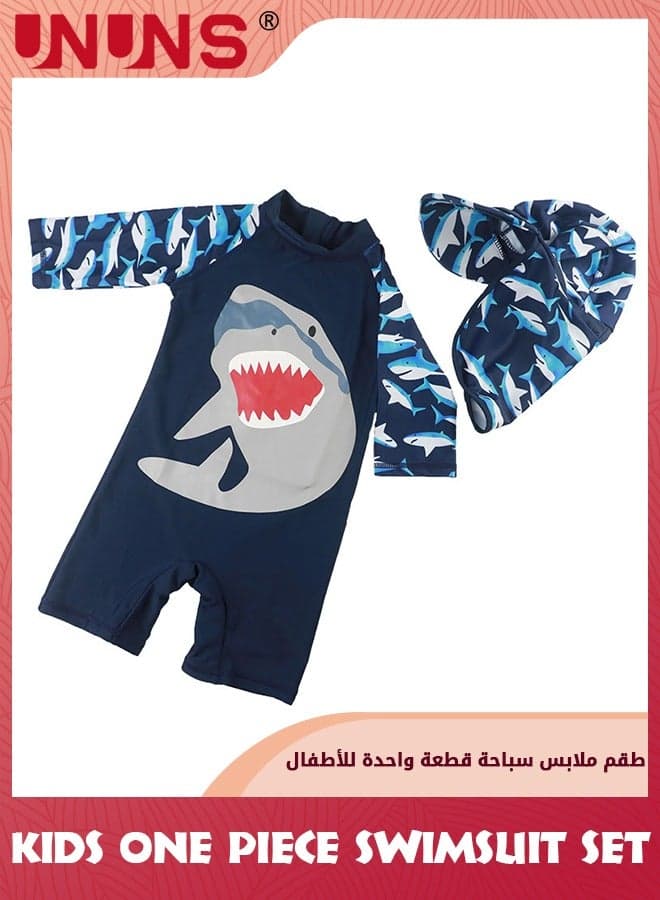 One Piece Swimsuit Set For Baby Toddler,Kids Boys Girls' One-Piece Swimsuits With Hat,Long Sleeves Guard Swimsuit Swimwear,Zipper Bathing Suit Beach Swimwear,UV Sun Protection,Navy Blue Shark