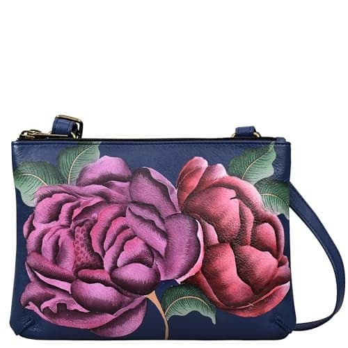 Anna by Anuschka Women's Hand-Painted Genuine Leather Small Zip Around Crossbody - Moonlit Peonies