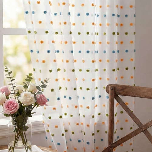 HoralDaily Rainbow Sheer Curtains for Living Room Girl Bedroom, Boho Drapes Farmhouse Yellow Blue Spring Summer Pom Pom Curtain Light Filtering Sheer Nursery Kids, 52"W x 84"L, Set of 2 Curtain Panels