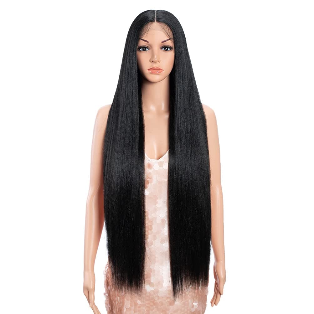 Style Icon 36 Lace Front Wigs Super Long Yaki Straight Wig With Baby Hair 130 Density Synthetic Wig 36 Inches 1B