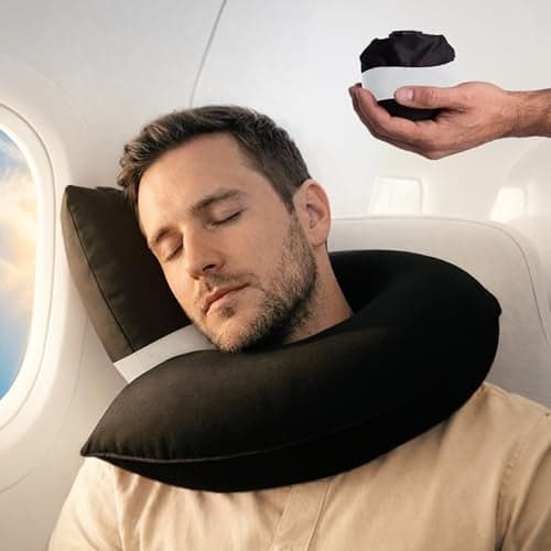 CANDY CANE Inflatable Neck Pillow for Airplane Travel with JShaped Design and 360 Support Head Neck Chin Rest for Any Seat Including Window Leaning Compact BlowUp Travel Pillow