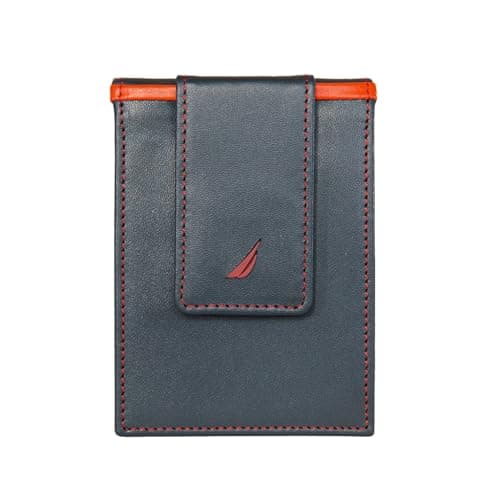 Nautica Mens Slim Wallet Card Case RFID Blocking ID Window Minimalist Lightweight Genuine Leather Pop Color NavyRed