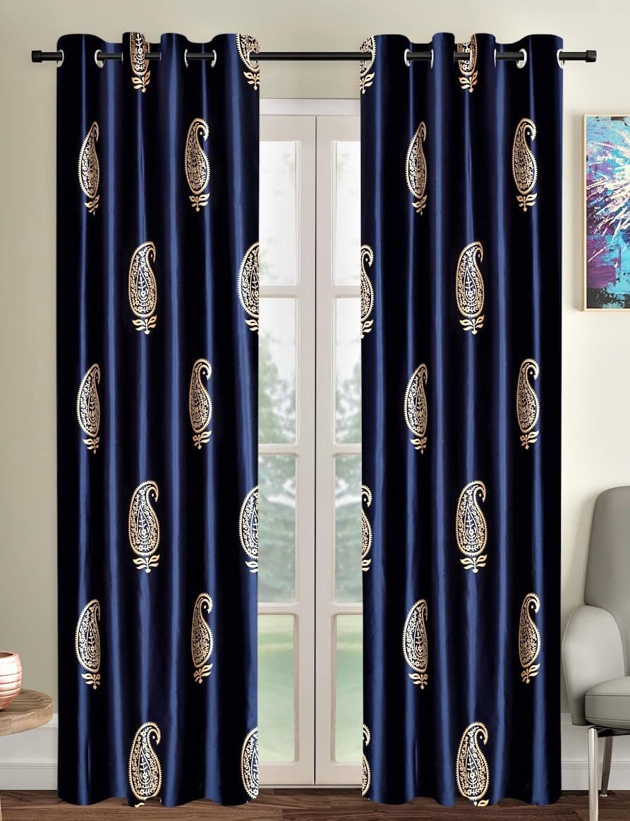 Home Sizzler 2 Pieces Hand Block Gold Paisley Printed Eyelet Polyester Door Curtains 7 Feet Blue
