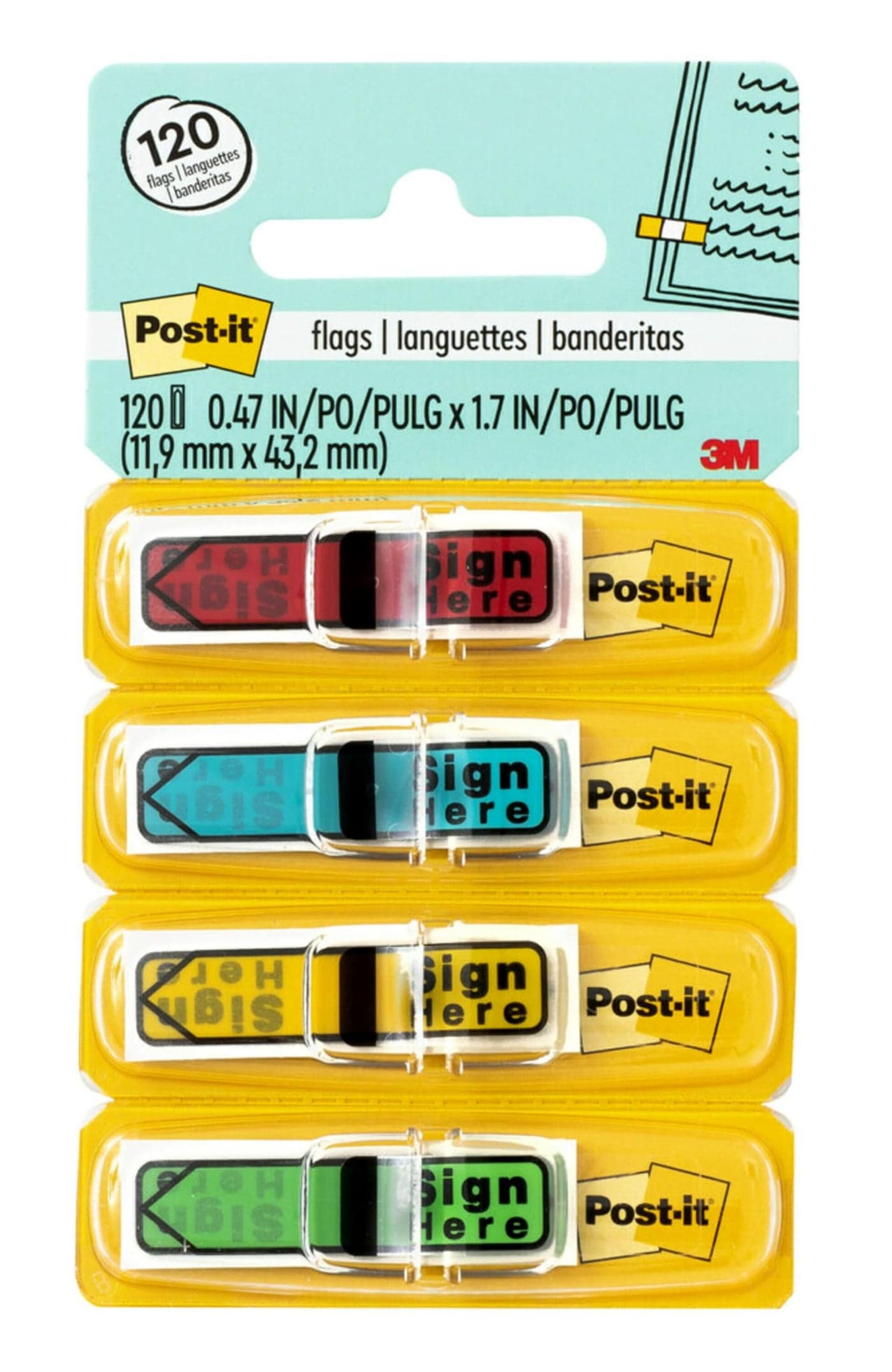 Post-it Message "Sign Here" Flags, 30/Dispenser, 4 Dispensers/Pack, .47 in Wide, Assorted Colors (684-SH)