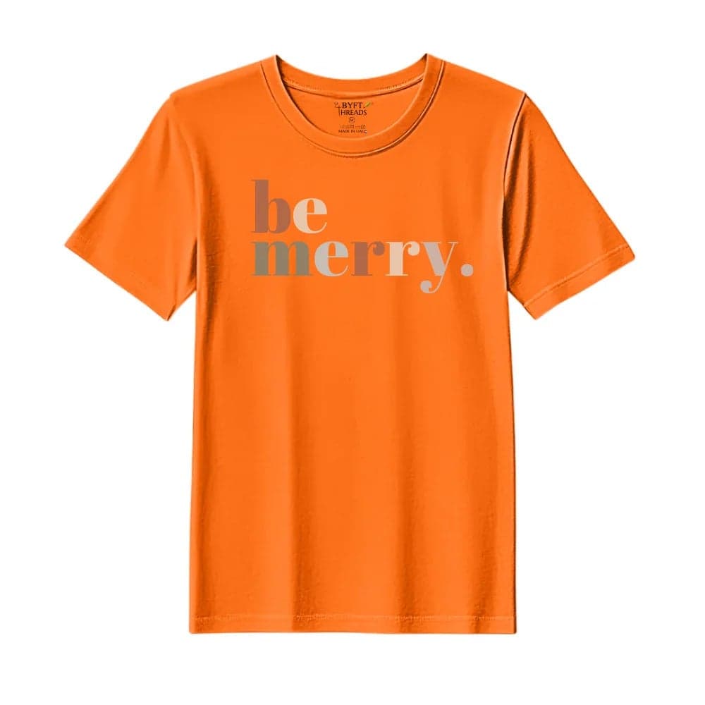 BYFT Threads Large Orange Polycotton T-Shirt - Christmas "Be merry" Printed Design, Premium Holiday Collection