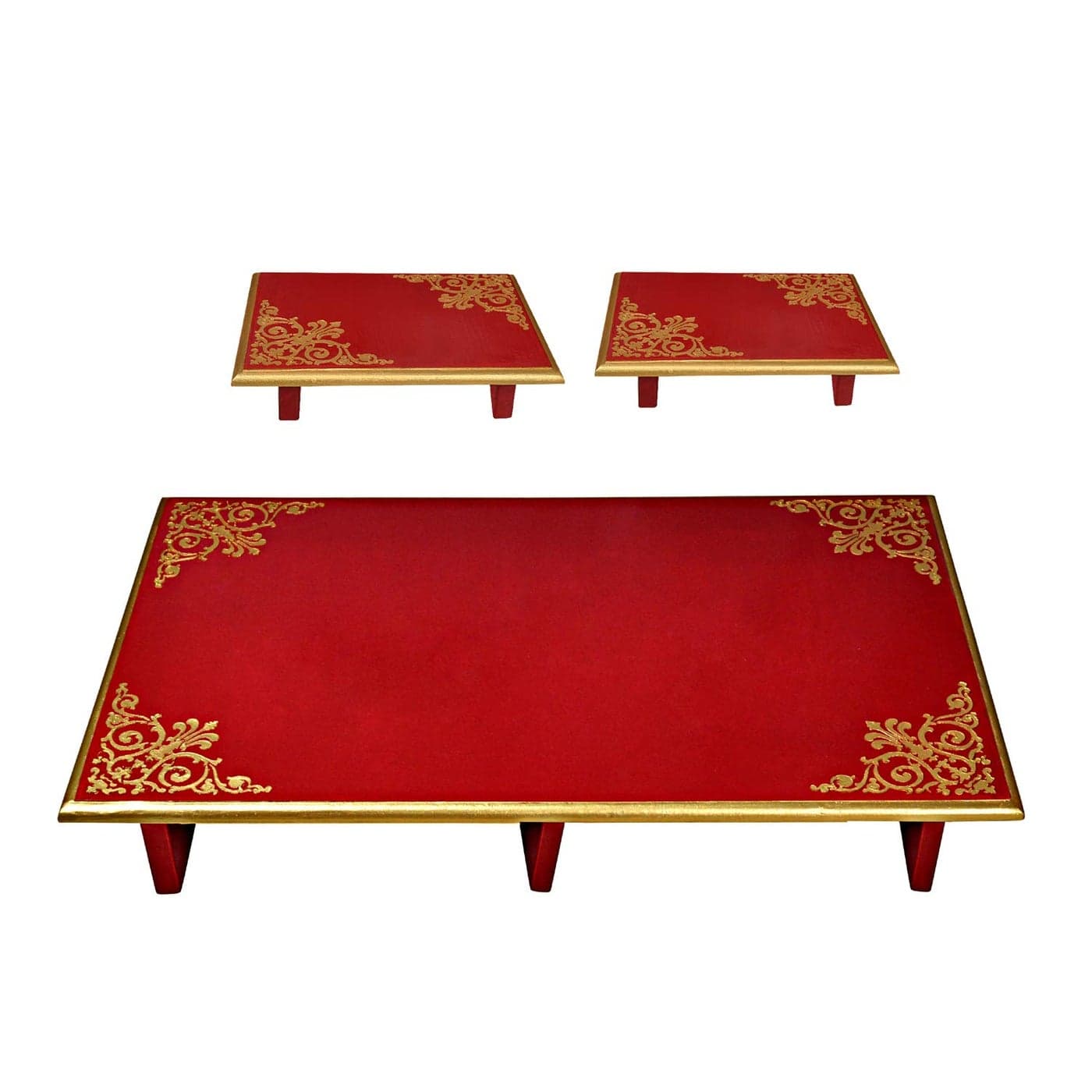 Lalhaveli Red Puja Chowki Home Decorative Temple Decor Wooden Handmade Hand Painted Chowki for Ganesh Pooja Table Bajot Set of 3