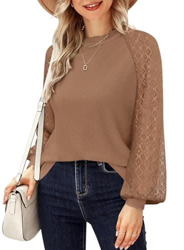 MIHOLL Women’s Long Sleeve Tops Lace Casual Loose Blouses T Shirts Coffee