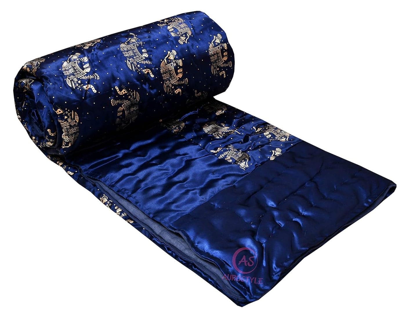 WORLDNEX Cotton Filled Light Weight Silk Jaipuri AC QuiltRazai Over All Over Printed with Gold Print Jaipuri QuiltsRazai 85x100 InchBlue Elephant Print Double Bed
