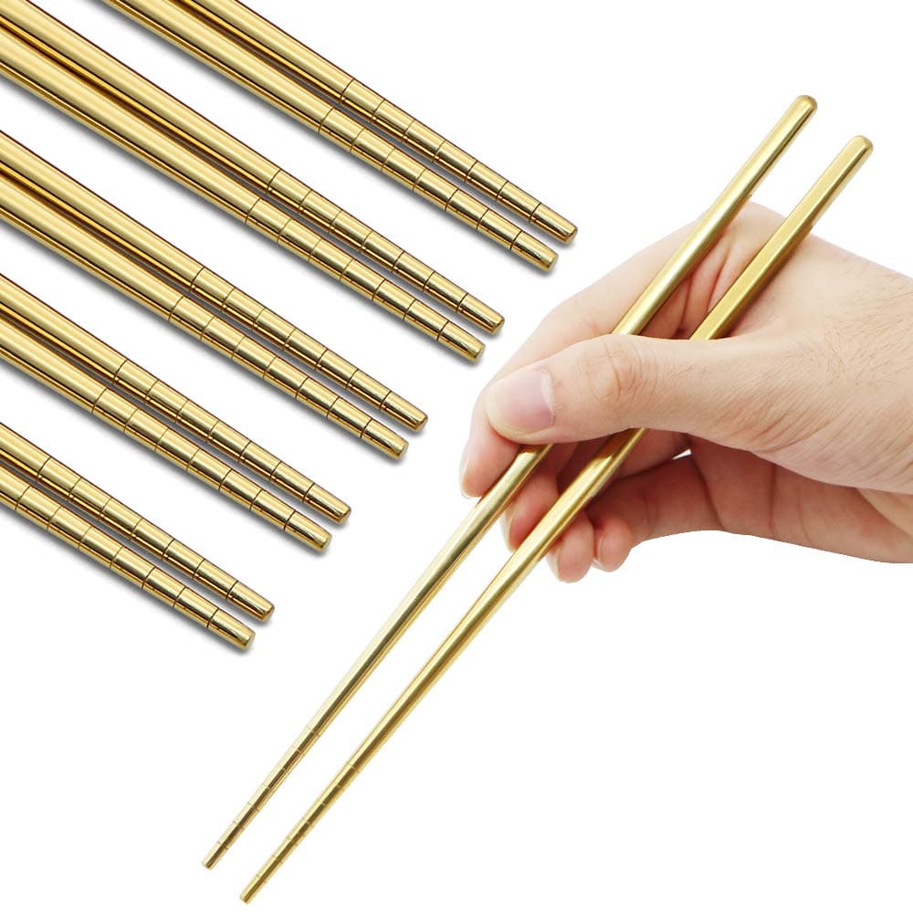 Stainless Steel Chopsticks Reusable Multicolor Lightweight 304 Metal Chopsticks Dishwasher Safe 5 Pairs Gold