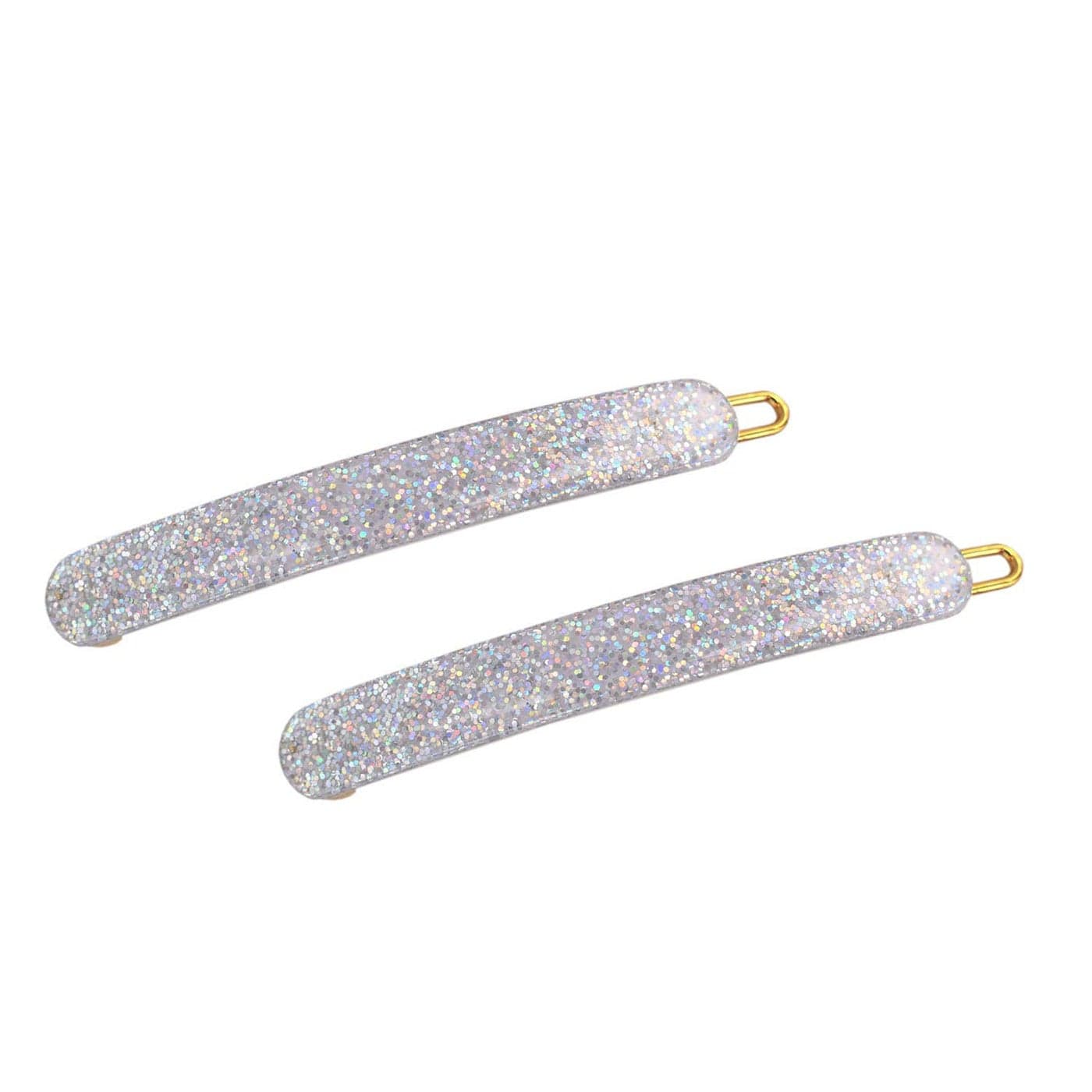 French Amie Rounded Oblong Silver Glitter Small 2 14 Celluloid Acetate Set of 2 Side Slide In Hair Clip Barrettes with Tige Boule Clasp for Girls and Women Made in France