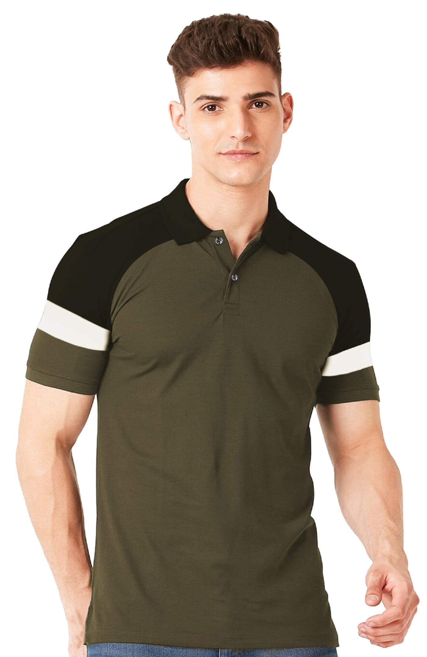 LEOTUDE Cotton Blend Regular Fit Polo Men'sT-Shirt (P67_Blak_Gry_P_Olive_L)