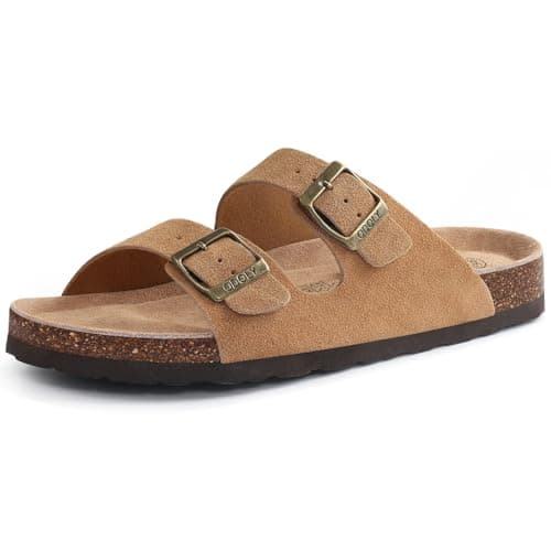 ODOLY Unisex Cork Footbed Slide Sandal, Arch Support Summer Outdoor Sandals with Adjustable Buckle for Women and Men, Yellow Brown Suede 38 (7.5 Women/6 Men)