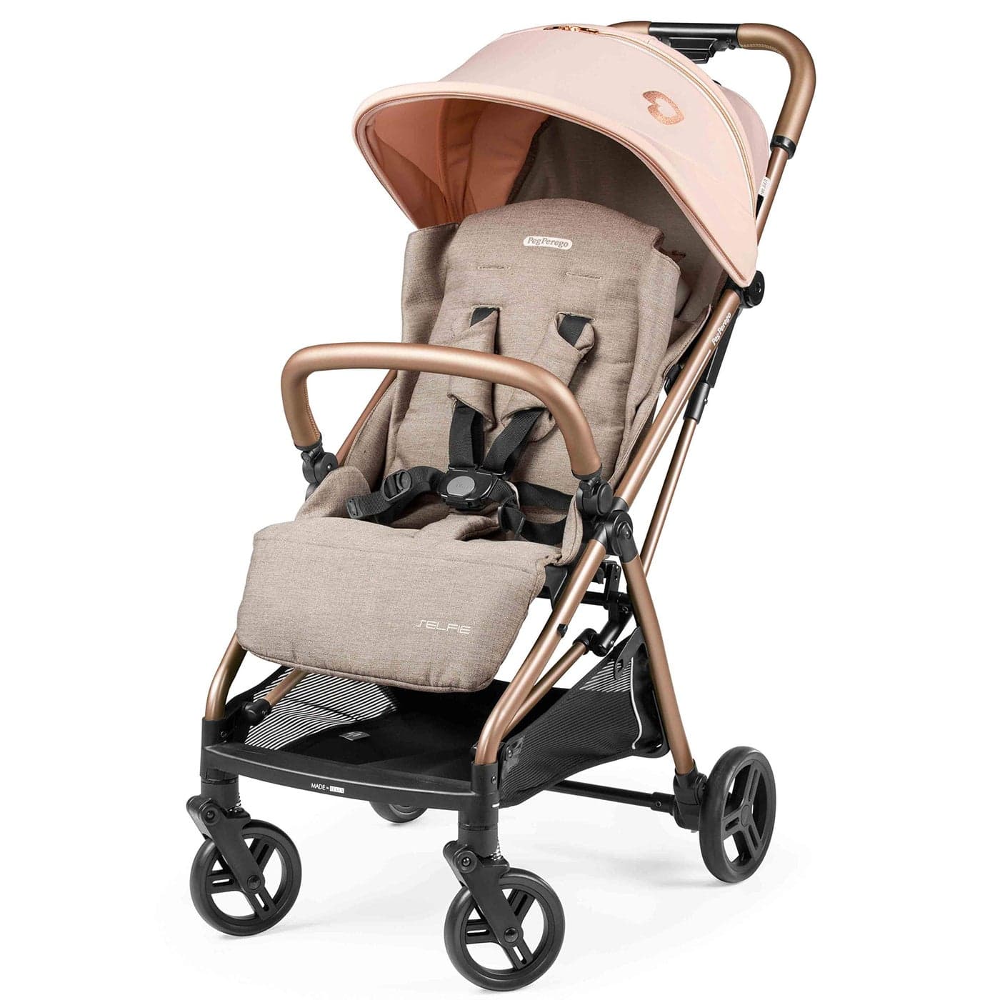 Peg Perego Selfie SelfFolding Light Weight Compact Stroller Compatible with All Primo Viaggio 435 Infant Car Seats Made in Italy Mon Amour Beige Pink Rose Gold