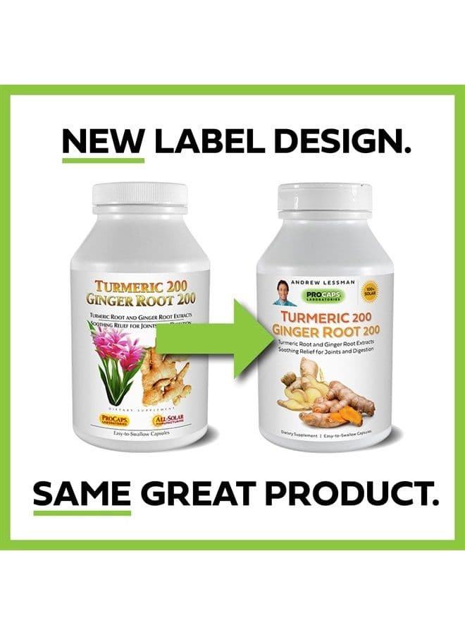 Turmeric 200 Ginger Root 200-120 Capsules – Naturally Soothe The Joints and Digestive Systems. Two Pure Extracts. Protective, Anti-Aging, Anti-oxidant Properties. No Additives