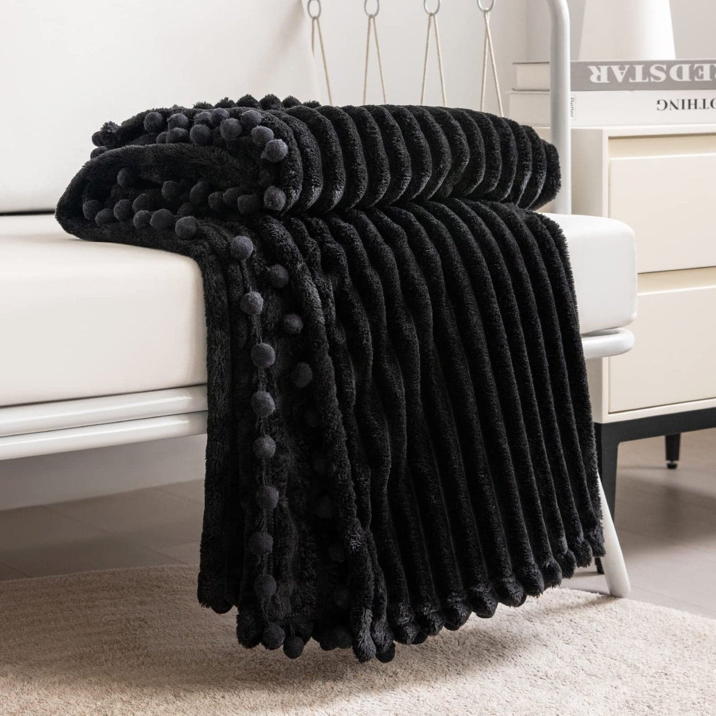 DISSA Fleece Blanket Twin Size 60x80 Black Soft Plush Fluffy Fuzzy Warm Cozy Perfect Throw for Couch Bed Sofa with Pompom Fringe Flannel Blanket