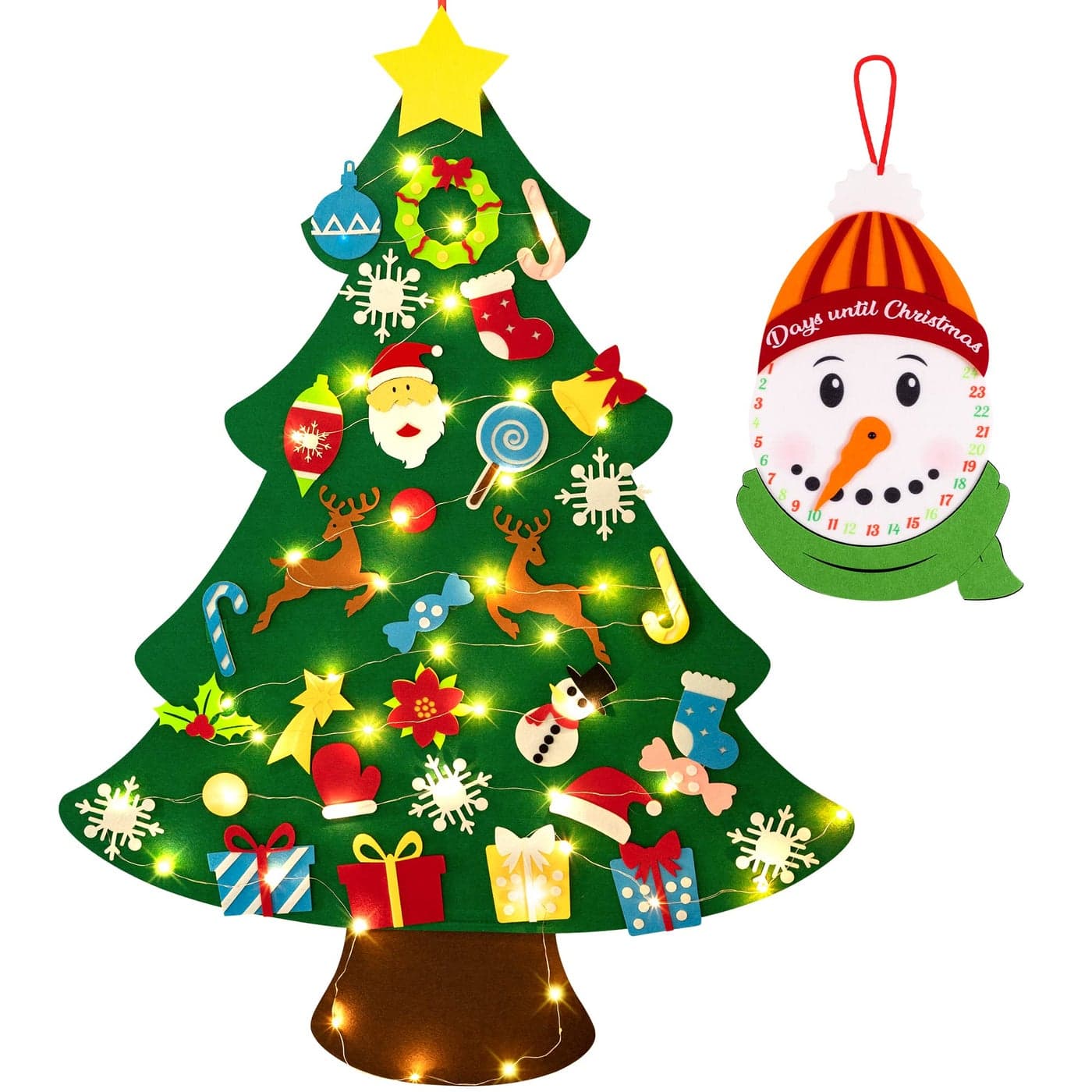 3ft DIY Lighted Felt Christmas Tree Set Plus Snowman Advent Calendar Xmas Decorations Wall Hanging 33 Ornaments Kids Gift with String Light Batteries Not Included