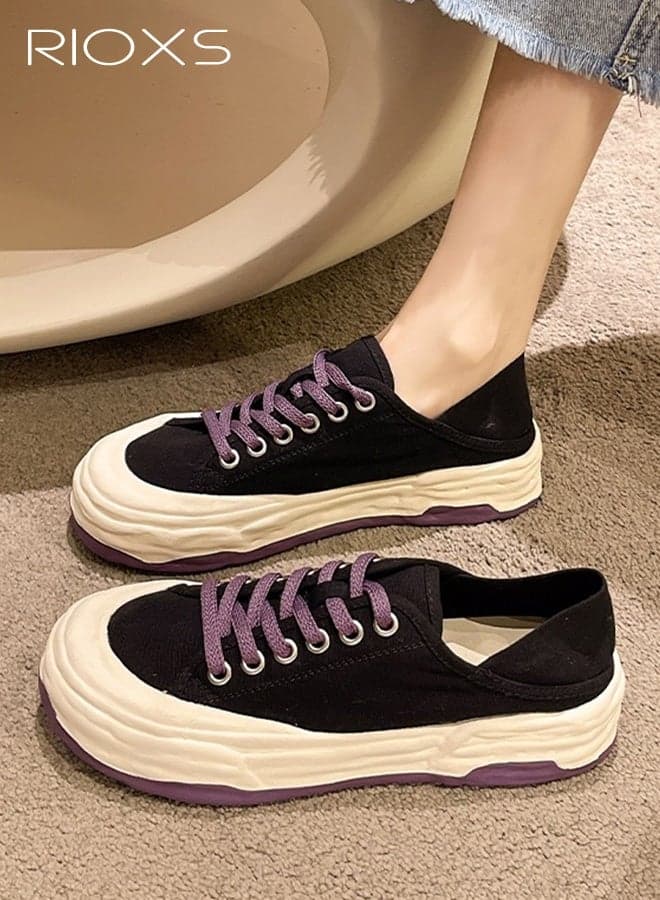 Women's Low Top Sneaker, Classic Canvas Lace-up Sneakers, Comfortable Skateboarding Shoes with Non-slip Rubber Sole, Lightweight Walking Shoes for Women, Everyday Casual Canvas Shoes, Ladies Athlesiure Shoes for Shopping/ Work/ Daily Wear, Black Sneakers