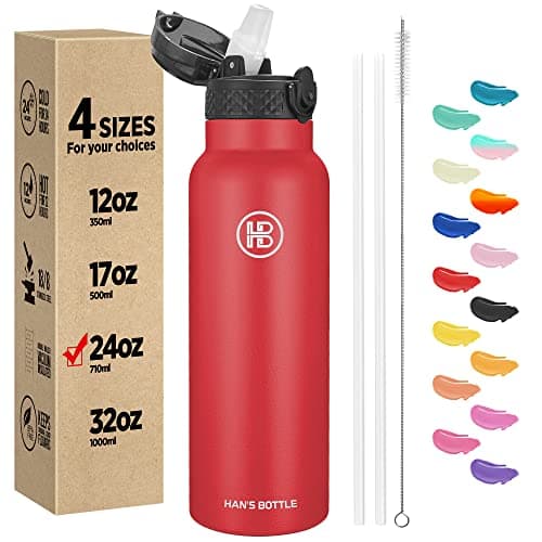 Han's Bottle Sports Water Bottle - 24 Oz, Straw Lid, Leak Proof, Vacuum Insulated Stainless Steel, Double Walled, Thermo Mug,Red