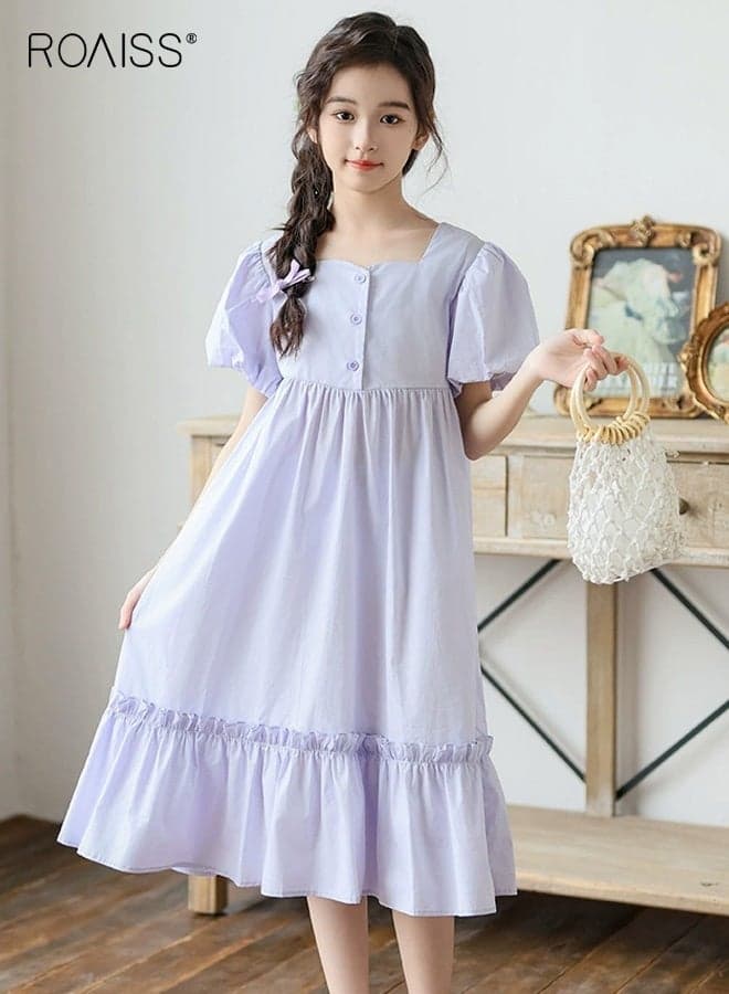 Girls A Line Dress with Button Design, Square Neck Puff Sleeve Dress with Ruffled Design, Stylish Chic Midi Frock for Girls, Suitable for Daily Wear, Birthday Parties or Any Occasion
