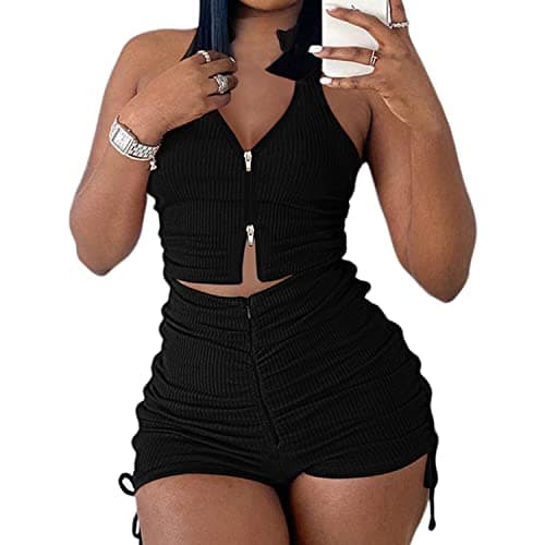 PYAEAS Summer Two Piece Outfits for Women, Casual Stretchy Ribbed Tank Crop Top Drawstring Ruched Shorts Set Workout Tracksuits (Black Zipper,L)