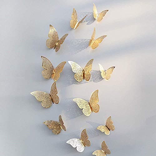 Sola Casa® 3D Metallic Butterfly Wall Décor – Shimmer Home Decor Stickers, Adhesive Butterfly Art for Walls, Doors & Furniture (Set of 12, Gold)