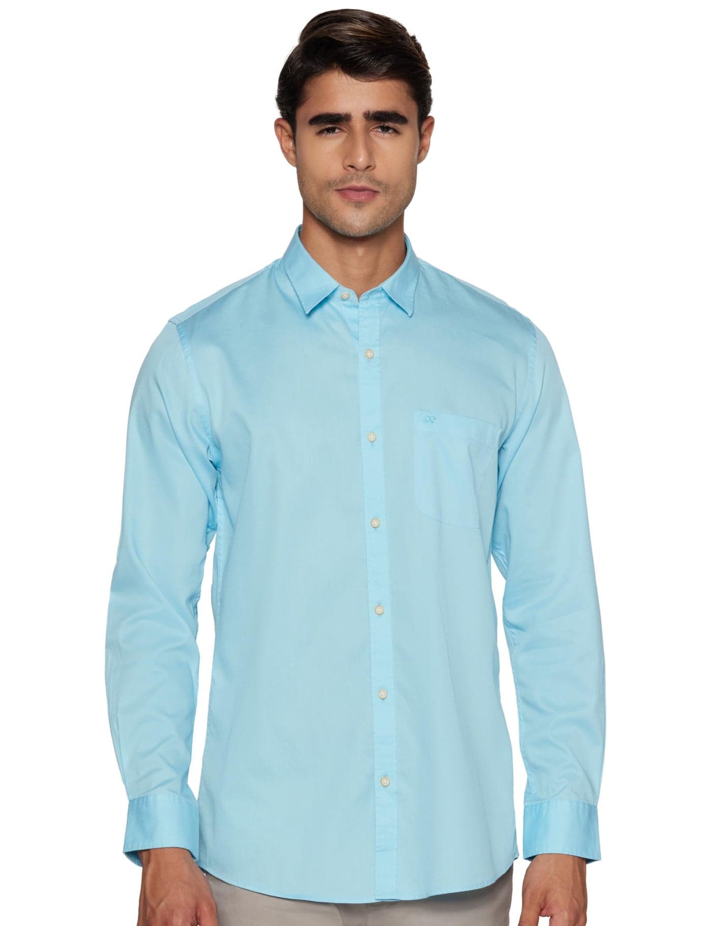 Peter England Men's Solid Slim Fit Full Sleeve Casual Shirt | 100% Cotton Medium Blue