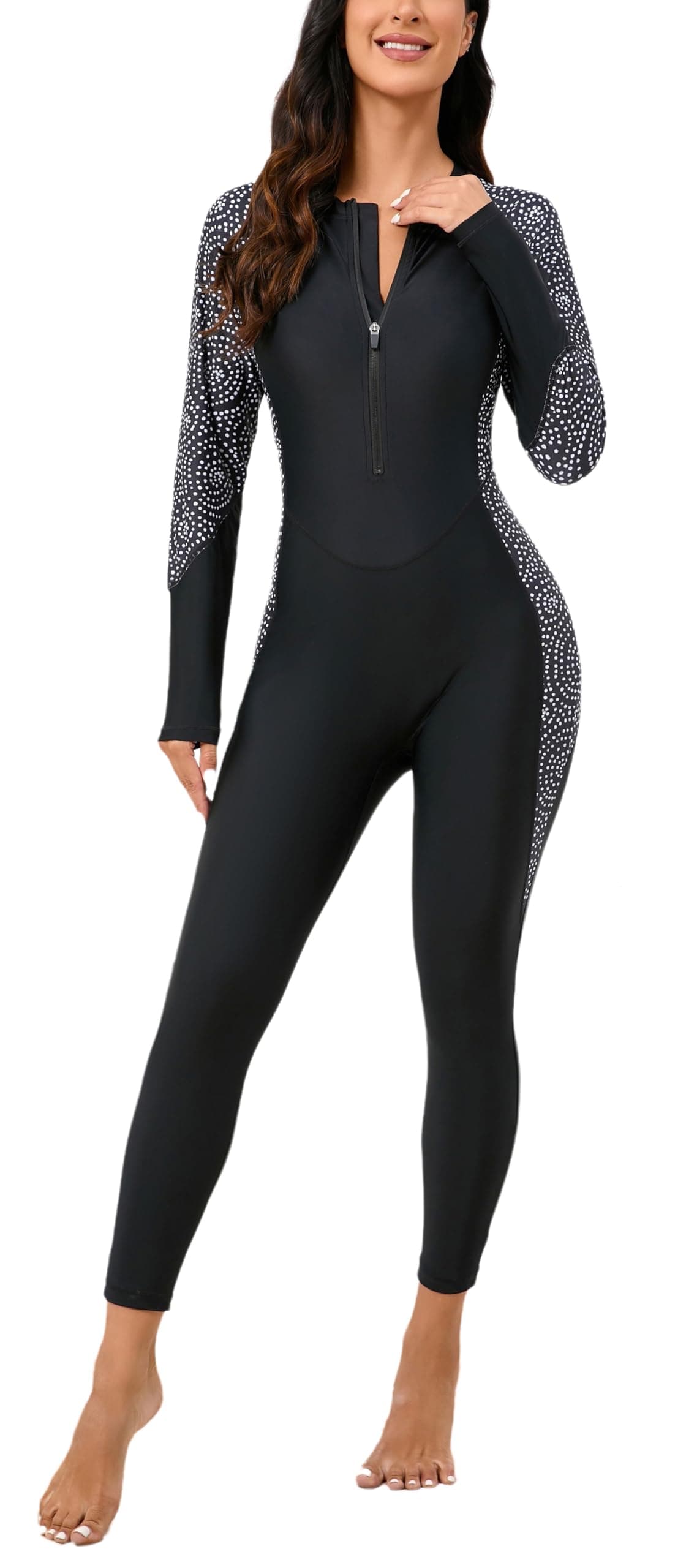 Halcurt Women One Piece Long Sleeve Full Body Swimsuit Long Pants Rashguard Swimsuit Black XL
