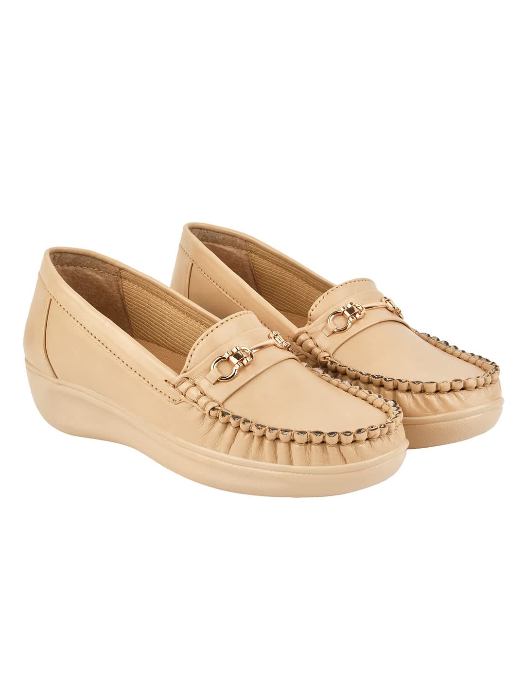 Shoetopia Upper Metalic Buckle Detailed Beige Loafers for Women & Girls /UK3