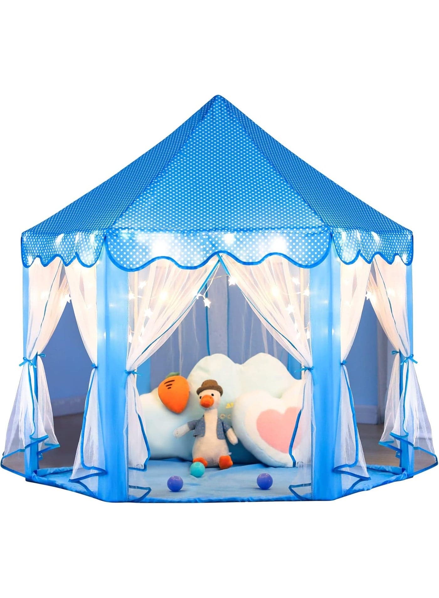 Kids Blue Play Tent Princess Castle Indoor Outdoor Playhouse with Curtains Star Lights Cozy Floor Mat Toddler Pretend Play Reading Nook Gift for Girls Boys Bedroom Nursery Birthday Holiday Fun