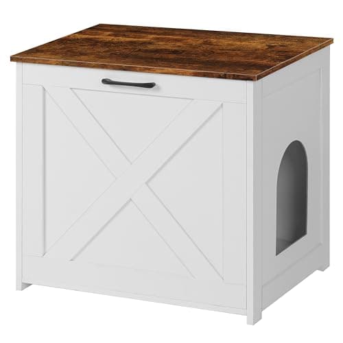 Dwanton Cat Litter Box Furniture Hidden, Cat Litter Box Enclosure, Reversible Entrance Can Be on Left or Right Side, Indoor Cabinet, Wooden Washroom, End Table, White and Rustic Brown, 23.6" L