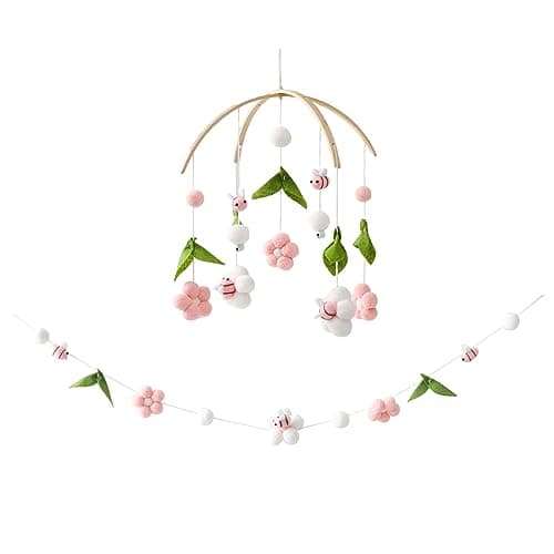 Baby Mobile for Crib, Crib Nursery Mobile for Boys Girls, Boho Bee Flower Nursery Decor Soothe Toy Baby Shower Set for Infant Bedroom Hanging Decoration Toy, Pink