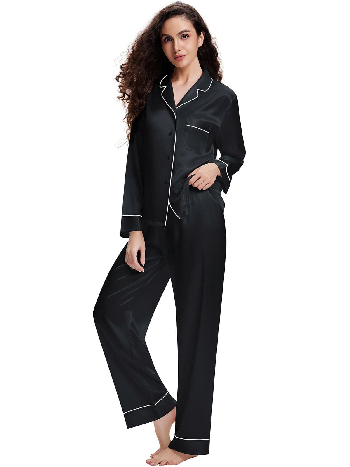 Womens Silk Satin Pajamas Set Sleepwear Loungewear Black XL