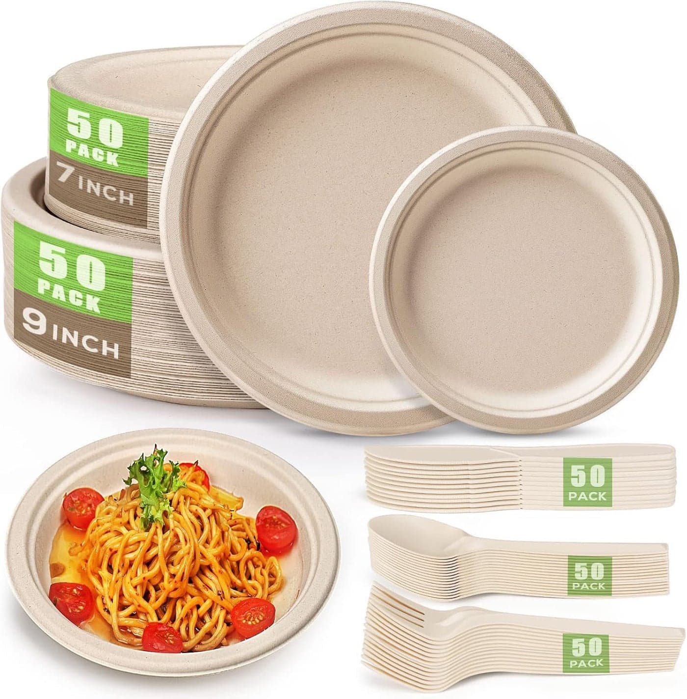 Amit Marketing 250 Pcs Disposable Dinnerware Set | Sugarcane Compostable Round Paper Plates | Extra Long Forks, Knives & Spoons | Ideal for Birthdays, Parties, Picnics & Events for 50 People (Brown)