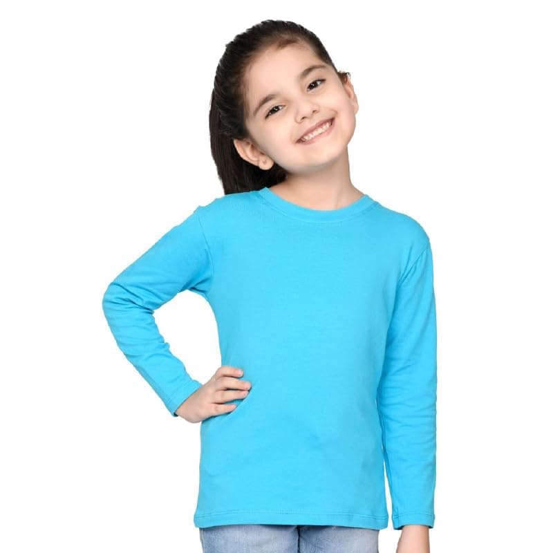 Nusyl Girls Full Sleeves Solid T-Shirt for Kids | Soft Cotton Blend | Comfortable Regular Fit | Casual 2-16 Years | Sky Blue