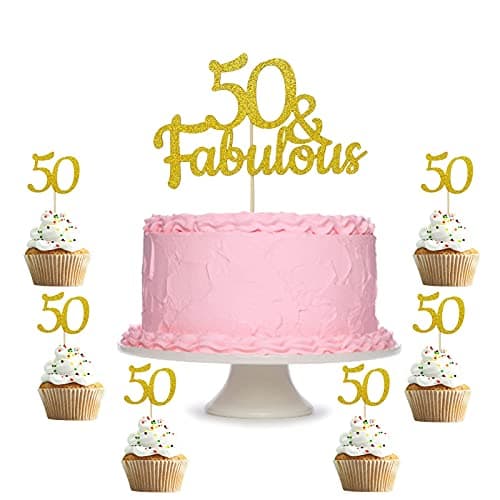 Festiko®50 & Fabulous Cake Topper 50 and Fabulous - Double-Sided Gold Glitter 50th Birthday Cake Topper, Fifty and Fabulous Cake Topper for Women Men Cake Decorations, with 6pcs 50 Cupcake Toppers