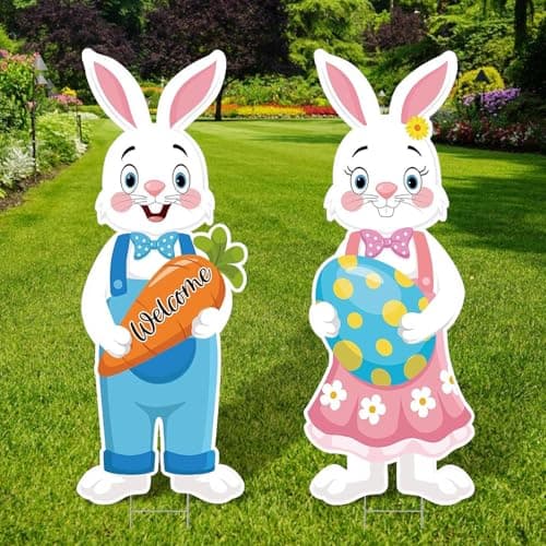 DECEED 2Pcs Easter Yard Signs 3228x124 Inch Large Bunny Lawn Decorations with Stakes for Egg Hunt Photography Easter Outdoor Garden Lawn Party Waterproof Decorations