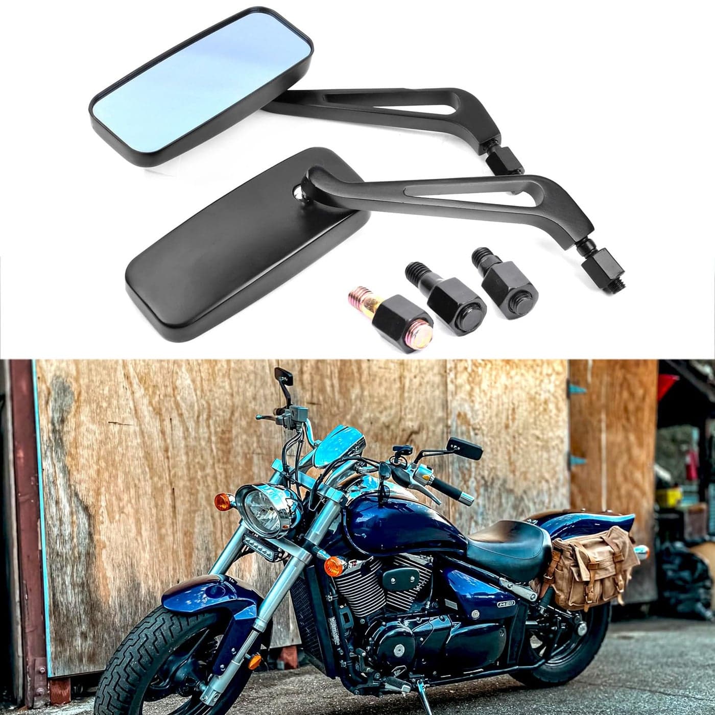 Devilmotor Black Rectangle Motorcycle Bobber Mirrors for Cruiser Chopper with Smoke Blue 8mm10mm Black