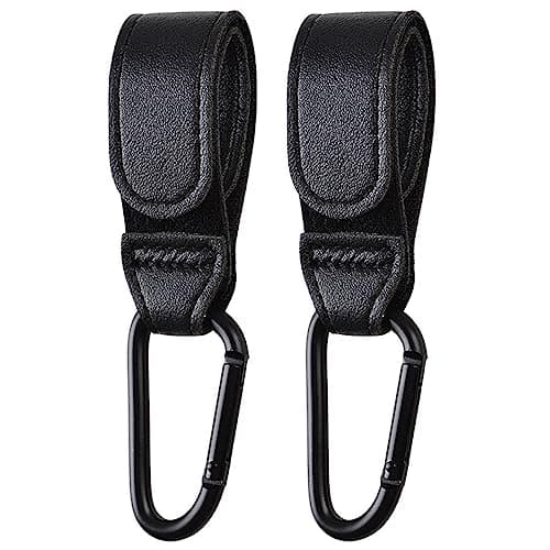 Noneea 2PCS Stroller Hook Accessories Multipurpose Stroller Bag Hook Award Winning Leather Stroller Clip Black