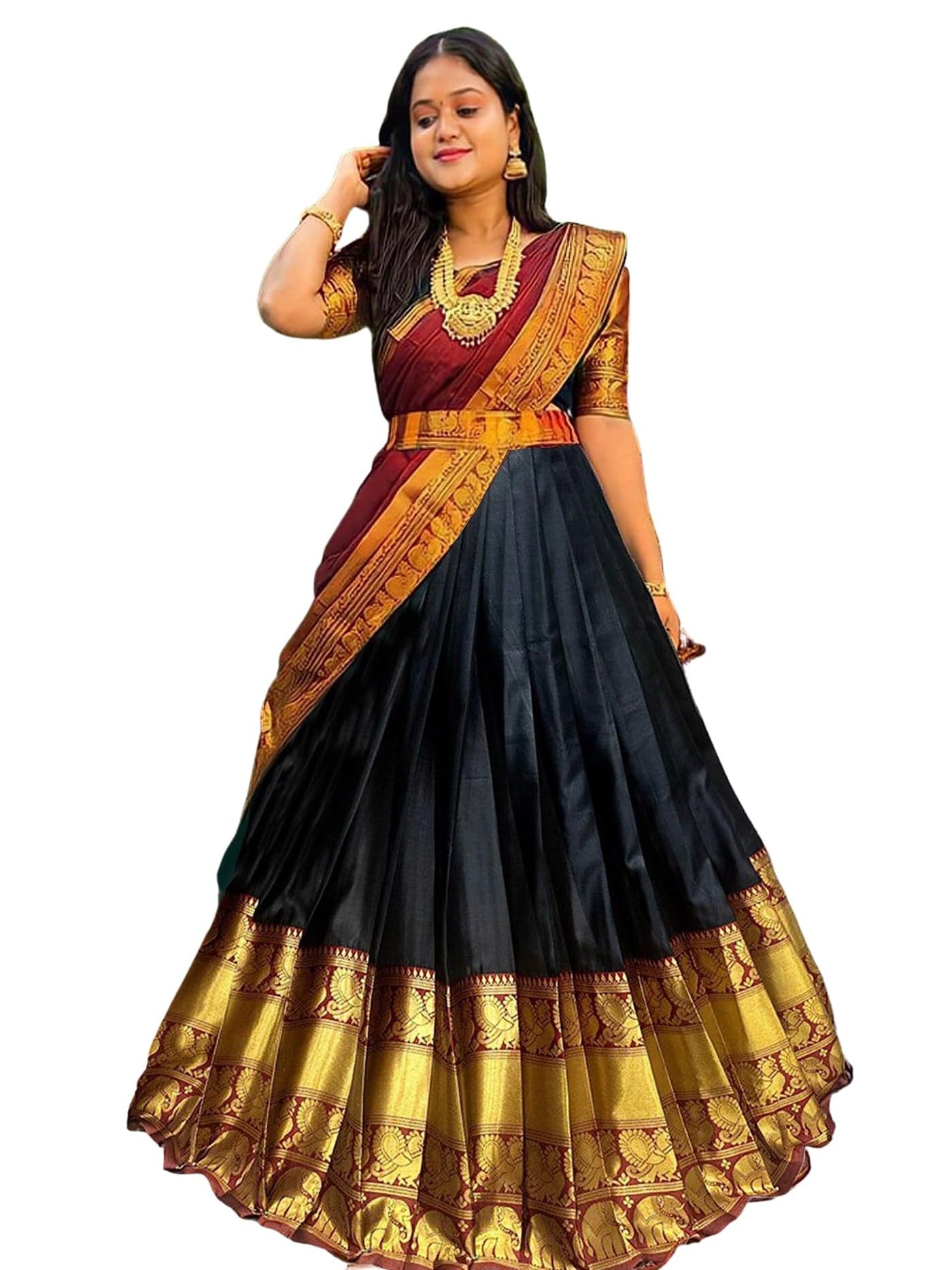 Latest South Indian Style Unstitched Half Saree for Women – Traditional & Elegant Design for Special Occasions (Black)