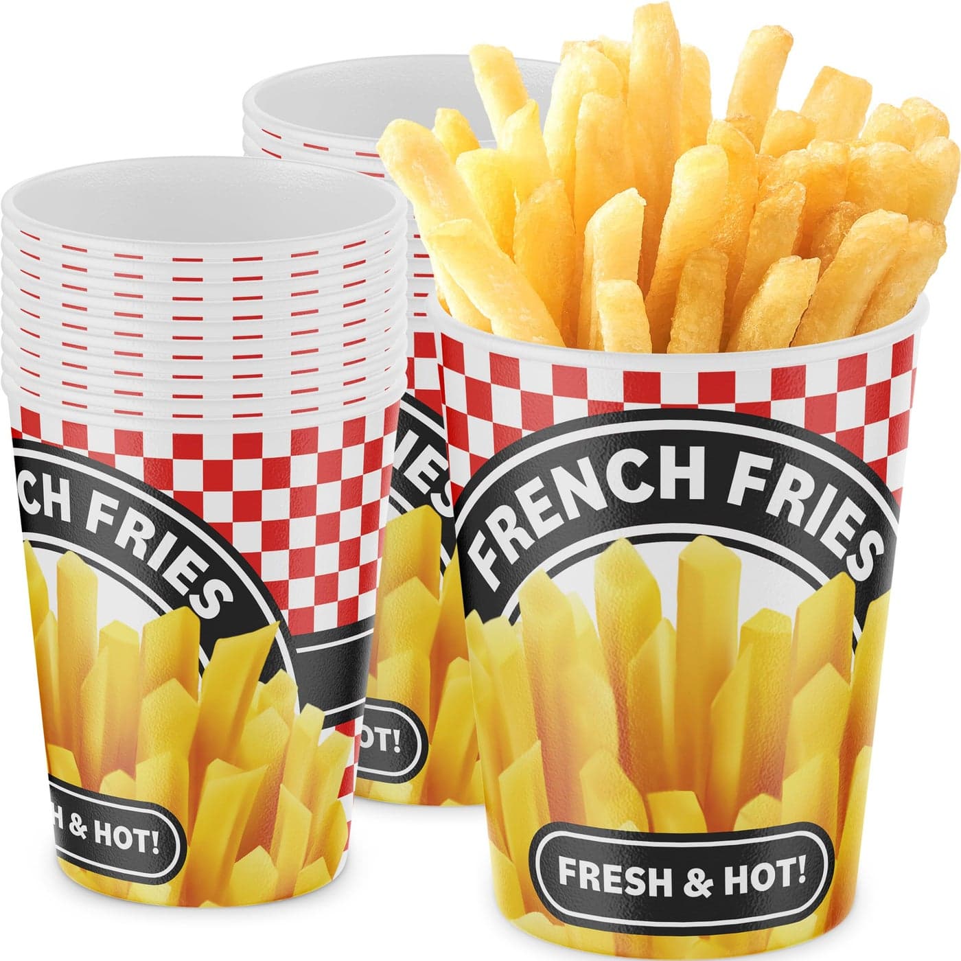 Durable Greaseproof Paper French Fries Cups 100 Pk Handheld Size Sturdy Red Checkered Fry Containers Hold 12 oz of Food Great for Movie Nights Party Meals Carnival Snacks and Food Trucks