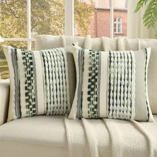 FUTEI Pack of 2 Boho Chenille Decorative Throw Pillow Covers 18x18 Inch Soft Plush Tufted Striped Textured Cushion Case,Farmhouse Accent for Couch Bed Living Room, Green