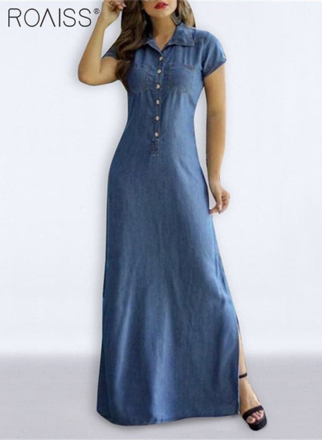Women's Casual Denim Shirt Dress Loose Fit Button Closure Denim Dress with Pockets on Both Sides Lightweight Long V-Neck High-Rise Dress for Ladies Elegant Temperament Casual Outfit