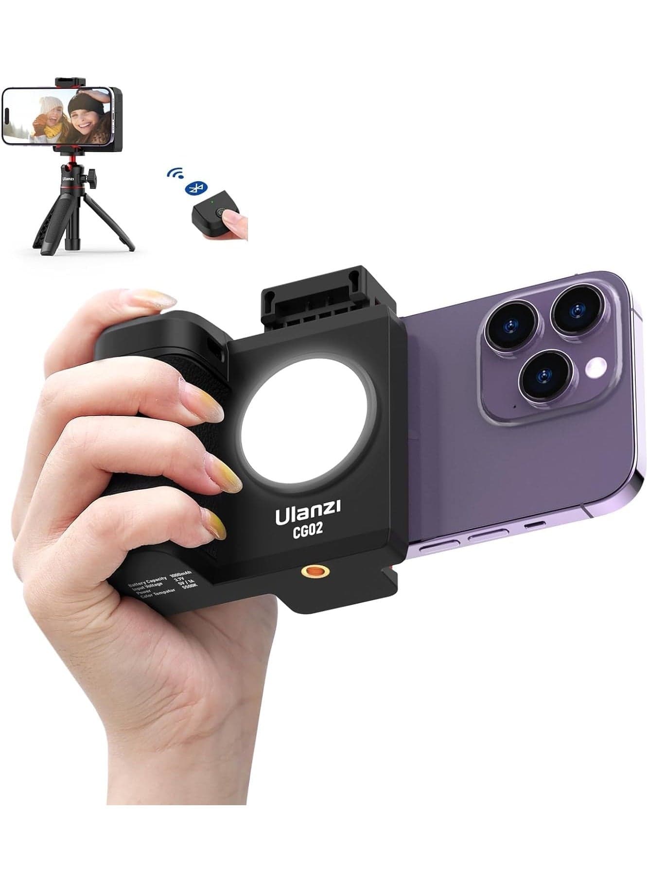 ULANZI CG02 Ungraded Smartphone Camera Shutter Handle Grip w Detachable Wireless Bluetooth Remote Control,Three-Gear Adjustable Fill Light for iPhone Samsung Google OnePlus Phones Video/Photo Shooting