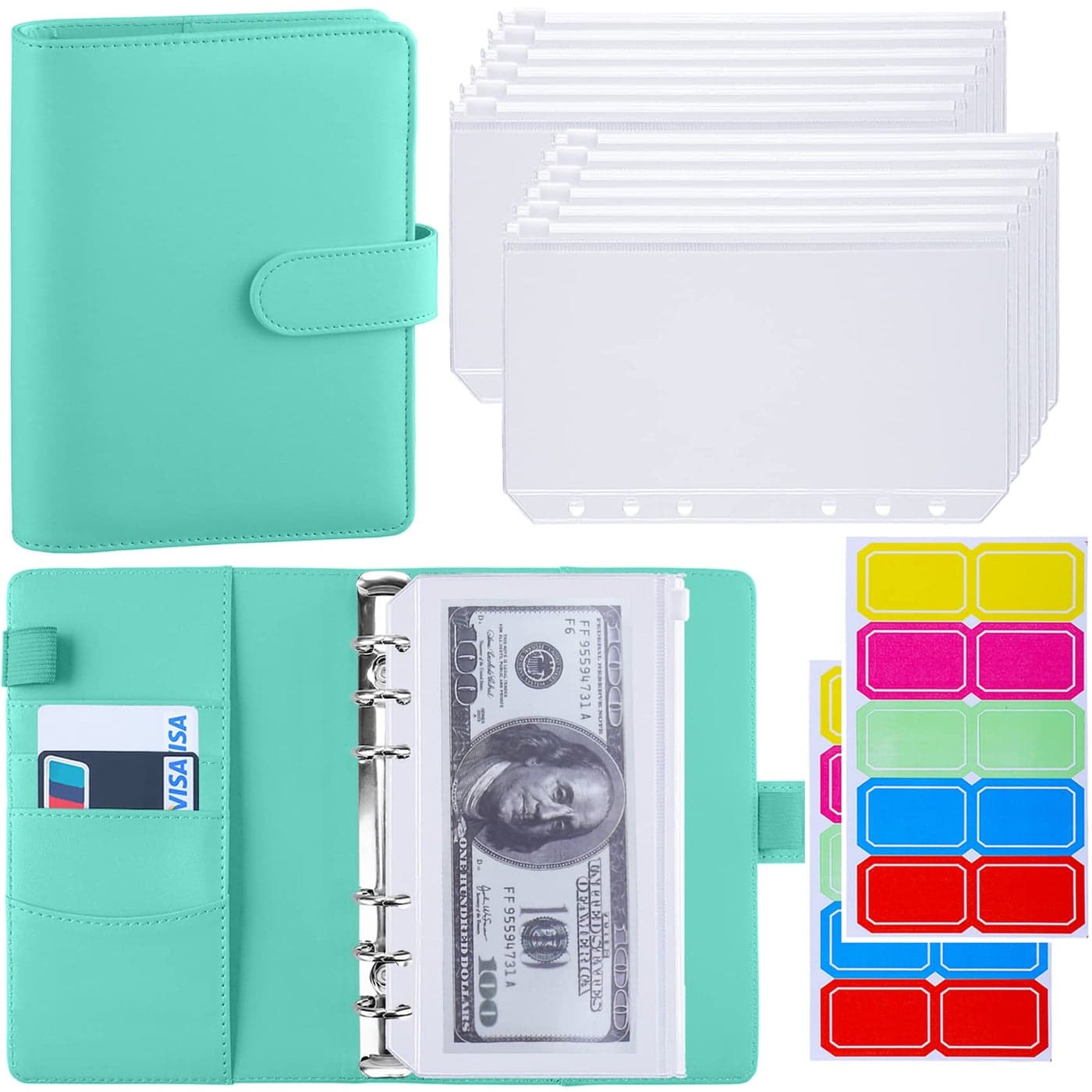 Antner A6 Budget Binder with Zipper Cash Envelopes for Money Organizer Budgeting PU Budget Planner Money Saving Binder with Cash Stuffing Envelopes Labels for Home Office Travel Light Green
