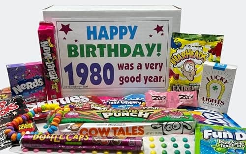 RETRO CANDY YUM 1980 46th Birthday Ideas Retro Decade 80s Candy Gag Gift Basket Box Assortment From Childhood Milestone Birthday Gifts for Turning 46 Years Old Man or Woman Jr